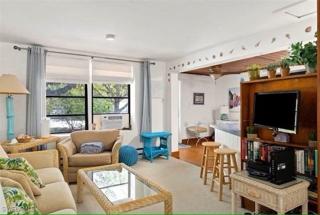 carpeted living room featuring cooling unit