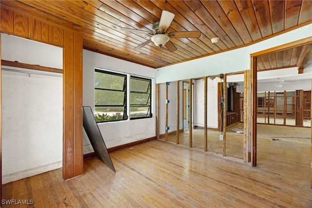 unfurnished bedroom featuring light hardwood / wood-style flooring, crown molding, and wooden ceiling