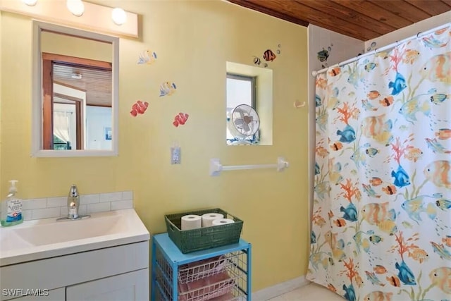 bathroom featuring walk in shower, vanity, and wooden ceiling