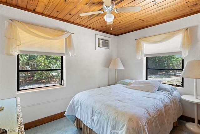 carpeted bedroom featuring ceiling fan, a wall mounted air conditioner, and wooden ceiling