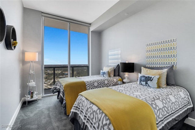 carpeted bedroom with floor to ceiling windows