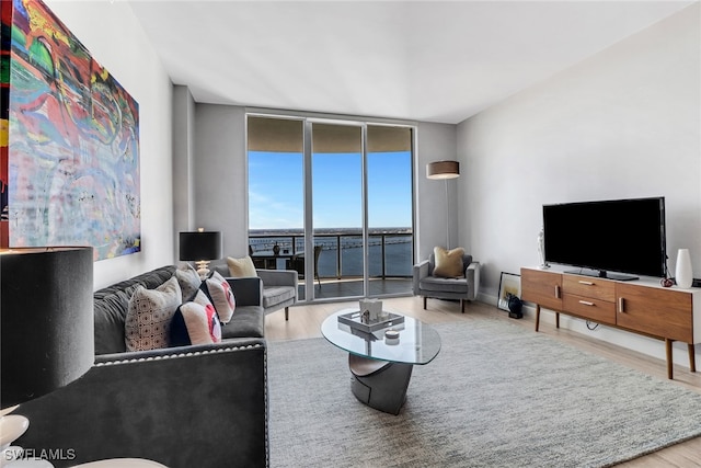 living room with hardwood / wood-style floors and a wall of windows