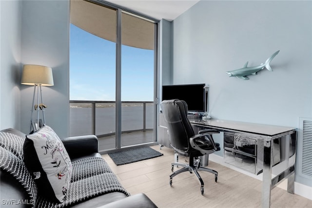 office featuring expansive windows and light hardwood / wood-style floors