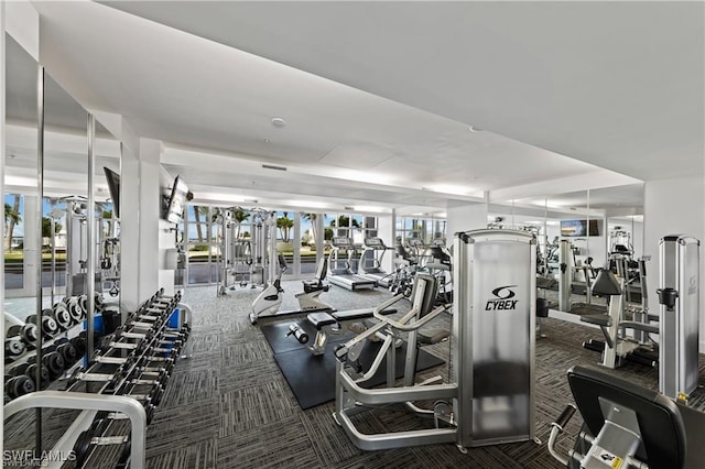 exercise room with dark colored carpet