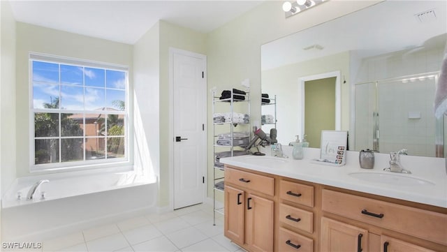 bathroom with a stall shower, a sink, and double vanity