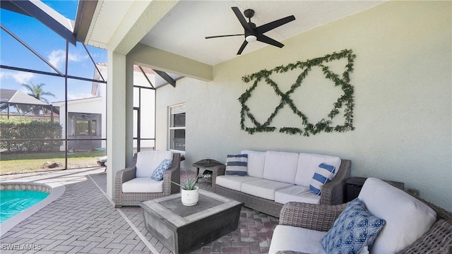 2864 Blossom Ct, Naples, FL 34120 - living room featuring brick patterned flooring, a ceiling fan, and beamed ceiling