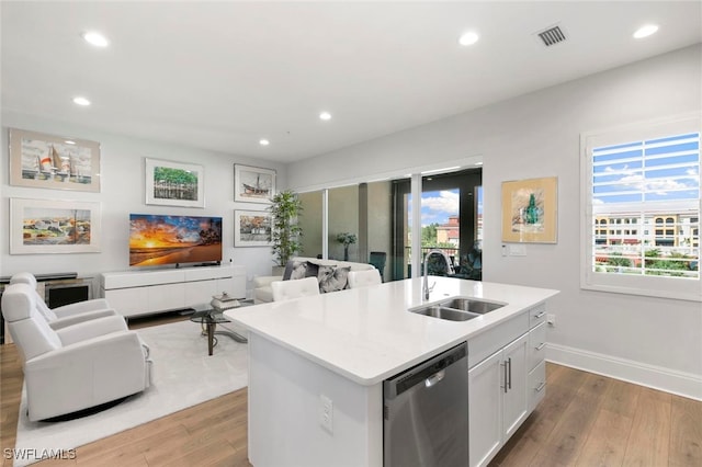 kitchen with white cabinets, sink, a center island with sink, plenty of natural light, and dishwasher