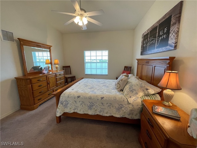 carpeted bedroom featuring ceiling fan