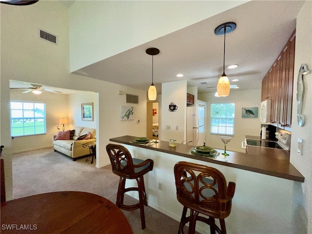 kitchen with pendant lighting, white appliances, kitchen peninsula, and a healthy amount of sunlight