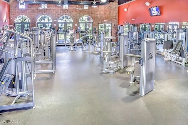 11077 Esteban Dr, Fort Myers, FL 33912 - exercise room with a wealth of natural light, a high ceiling, and brick wall