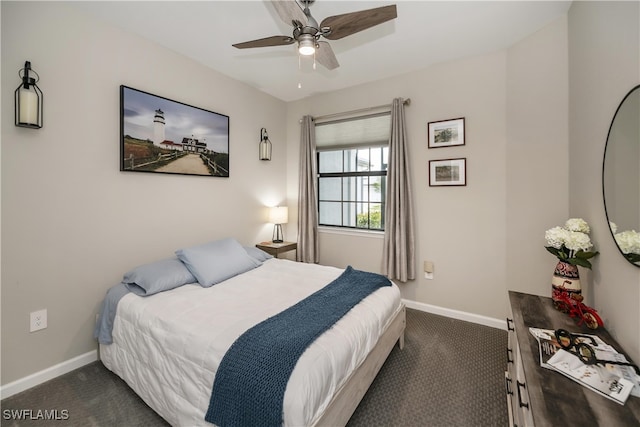 carpeted bedroom featuring ceiling fan