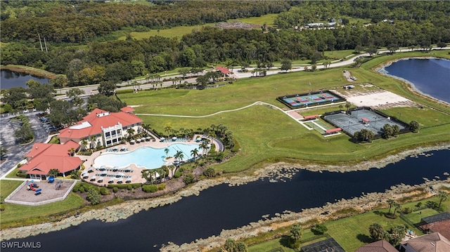 bird's eye view with a water view