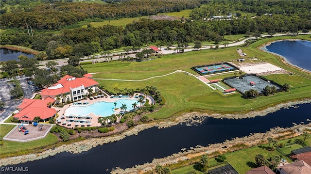 drone / aerial view featuring a water view