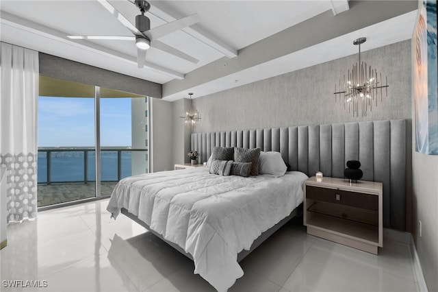 tiled bedroom with beamed ceiling, ceiling fan with notable chandelier, access to exterior, and a water view