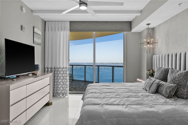 tiled bedroom featuring a water view, ceiling fan with notable chandelier, access to exterior, and beamed ceiling