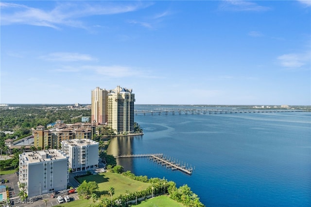 drone / aerial view featuring a water view