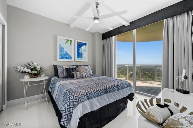 tiled bedroom with beam ceiling, ceiling fan, and access to outside