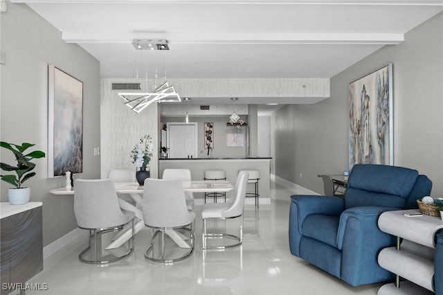 tiled dining area featuring a notable chandelier and beam ceiling