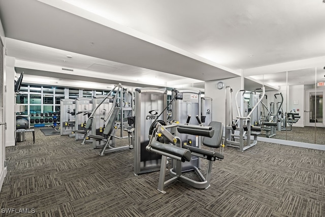 exercise room with dark carpet