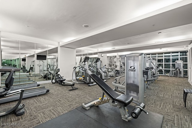 exercise room featuring dark carpet