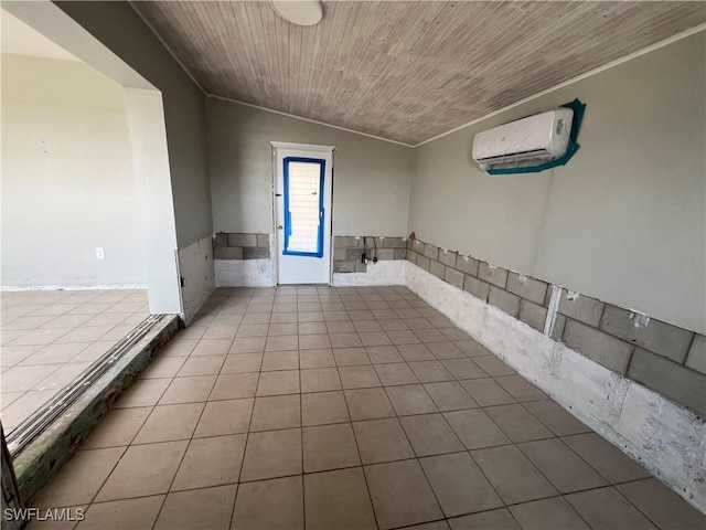 unfurnished room featuring wooden ceiling, tile patterned floors, vaulted ceiling, and a wall mounted air conditioner