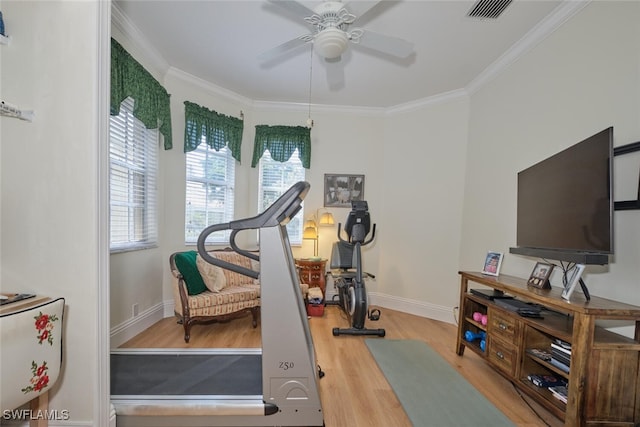 workout room with ornamental molding, light wood-type flooring, and ceiling fan