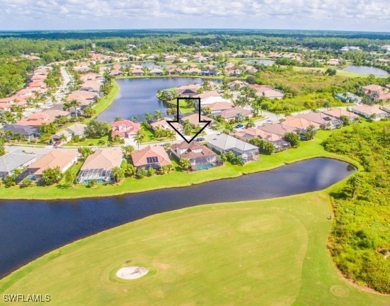 drone / aerial view featuring a water view