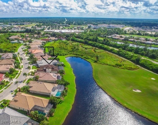 drone / aerial view featuring a water view