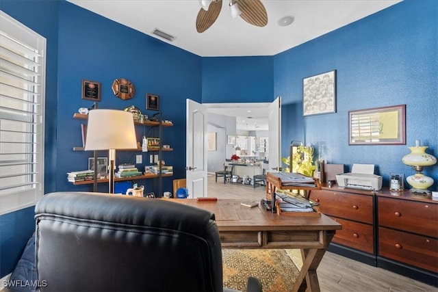 office area featuring visible vents, ceiling fan, and wood finished floors