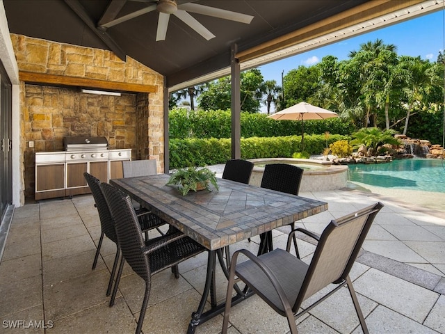 view of patio featuring ceiling fan, grilling area, a swimming pool with hot tub, and area for grilling