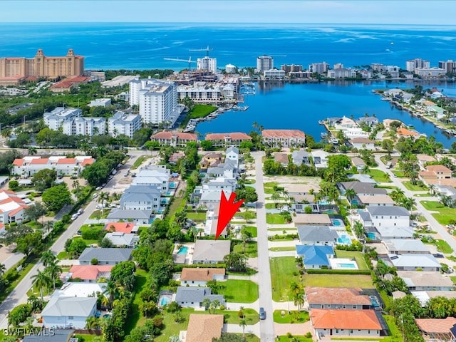 bird's eye view with a water view