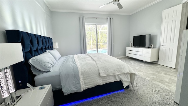 carpeted bedroom with ornamental molding, ceiling fan, and access to exterior