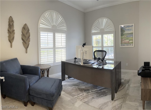 home office with crown molding