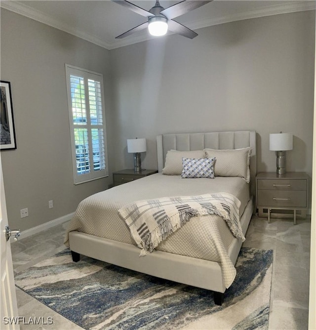 bedroom featuring ceiling fan, carpet floors, and crown molding