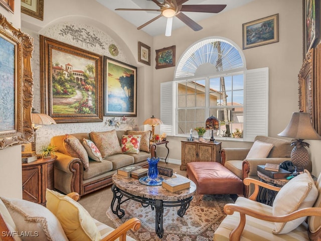 living area with ceiling fan