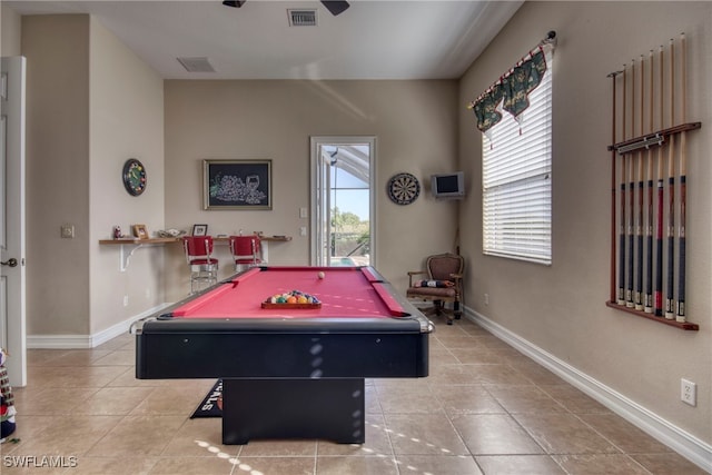 recreation room featuring light tile patterned floors, billiards, and plenty of natural light