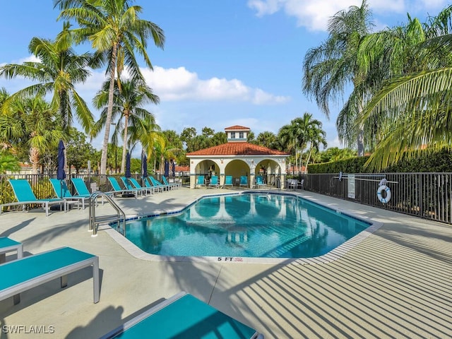 view of pool featuring a gazebo and a patio area