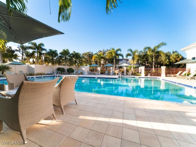 view of swimming pool featuring a patio area