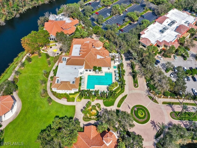 aerial view featuring a water view