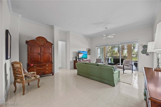 tiled living room with ceiling fan and ornamental molding