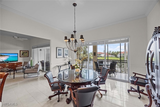 dining room with light tile patterned flooring, ceiling fan with notable chandelier, and ornamental molding