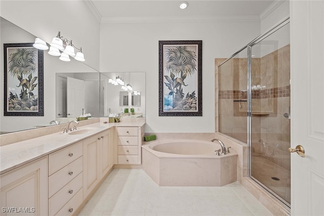 bathroom featuring ornamental molding, tile patterned flooring, vanity, and shower with separate bathtub