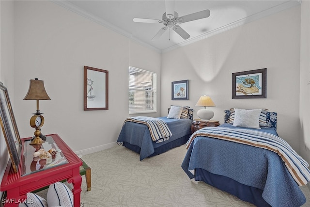 bedroom featuring light carpet, crown molding, and ceiling fan