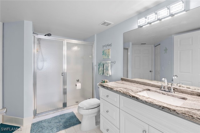 bathroom with vanity, tile patterned flooring, toilet, and an enclosed shower