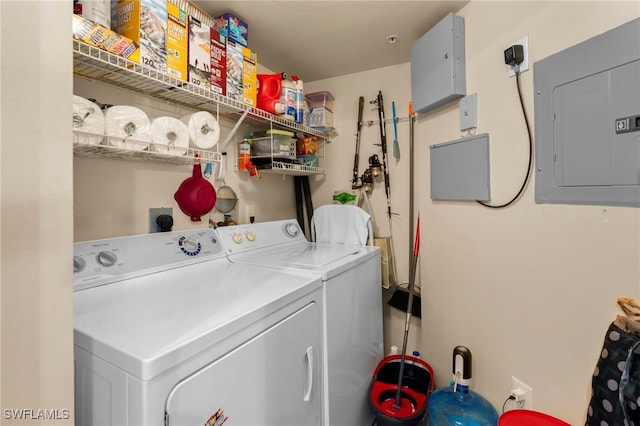 washroom with electric panel and washer and clothes dryer