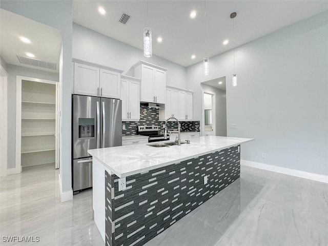 kitchen with sink, white cabinetry, hanging light fixtures, a center island with sink, and appliances with stainless steel finishes