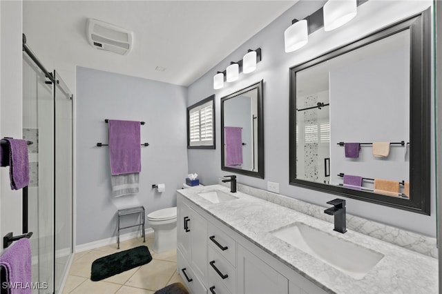 bathroom with walk in shower, tile patterned flooring, vanity, and toilet