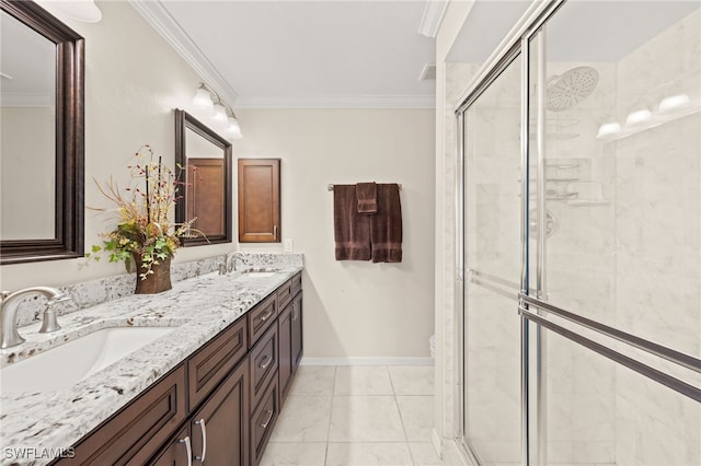 bathroom with walk in shower, crown molding, vanity, and toilet