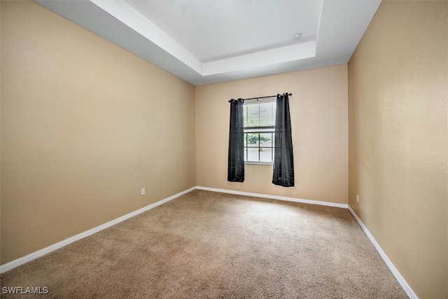 carpeted empty room with a raised ceiling