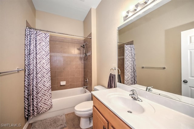 full bathroom featuring shower / bathtub combination with curtain, vanity, and toilet